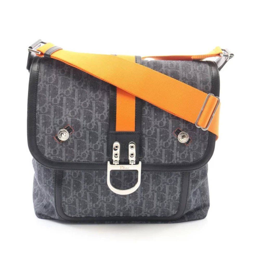 Christian Dior Flight Trotter Shoulder Bag Denim Leather Navy Blue Black Orange